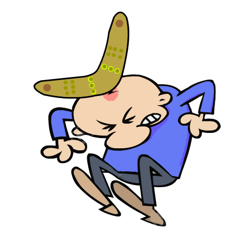 Boomerang returning and hitting thrower on the head — cartoon